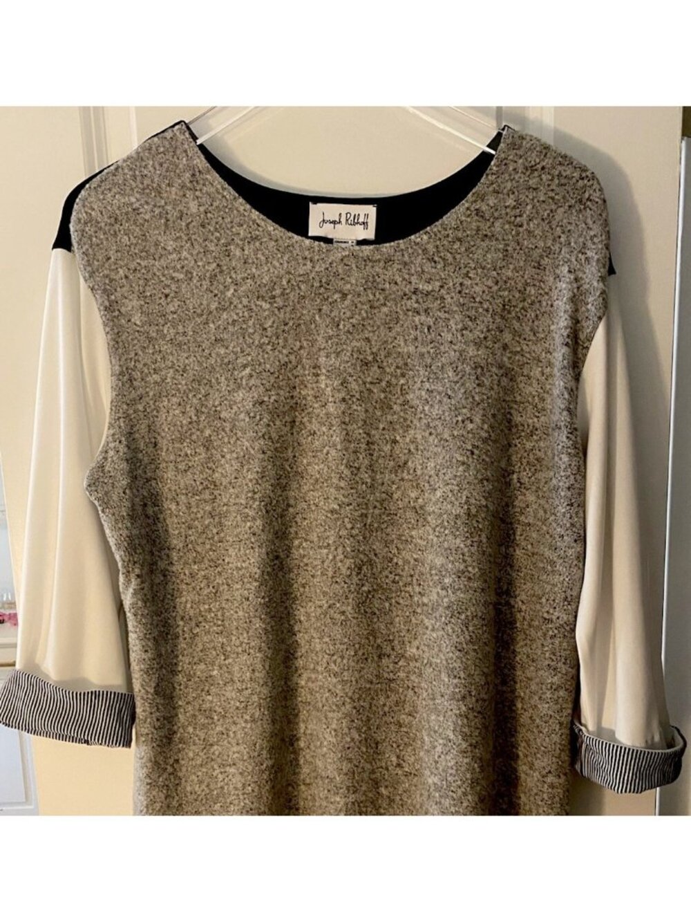 Joseph Ribkoff Top Size 14 Pullover Tunic gray black Round Neck Soft Cozy Boho